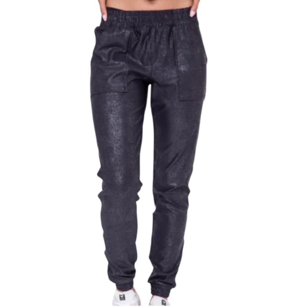 MONO B Black Foil Shimmer HIGH-WAIST JOGGERS PANTS Big Pockets Thick Knit SIZE M